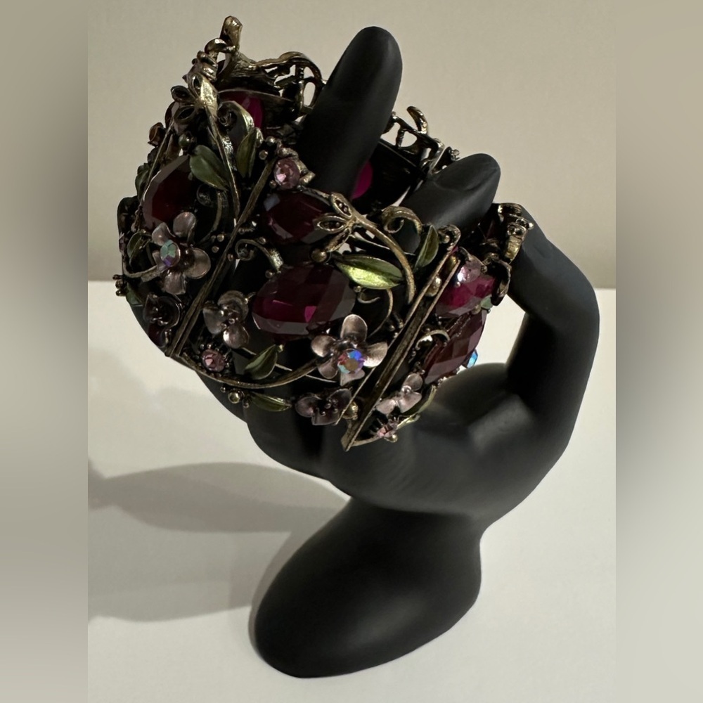 Vintage Floral Cuff Bracelet with Purple Gemstone Accents - Picture 3 of 3